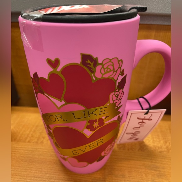 Valentine Pink Red & Gold Heart For Like Ever Matte Travel Coffee Mug w/Lid NWT - Picture 4 of 7